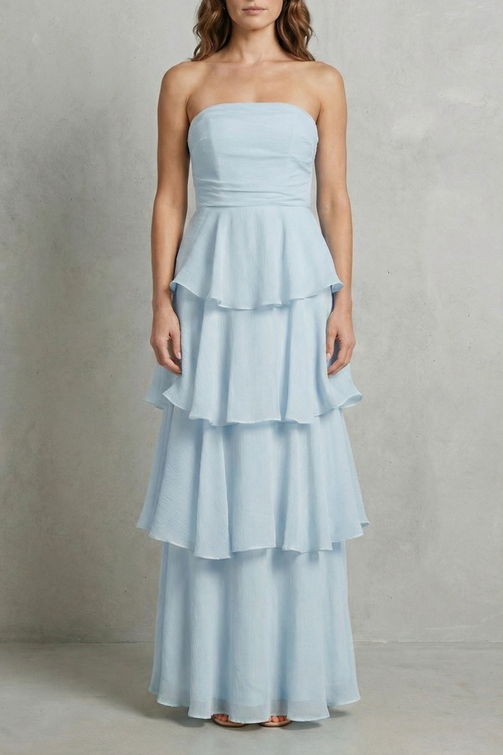Light blue strapless tiered maxi dress with layered ruffle skirt