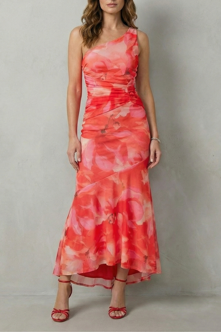Red floral one-shoulder maxi dress with ruched bodice and layered flounce hem