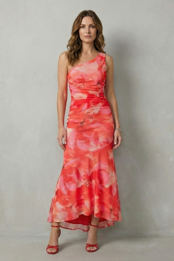 Red floral one-shoulder maxi dress with sleeveless one-shoulder neckline and flounce hem