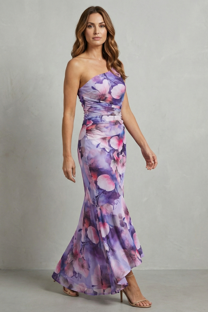 Purple floral one-shoulder maxi dress with ruched waist and flared layered skirt