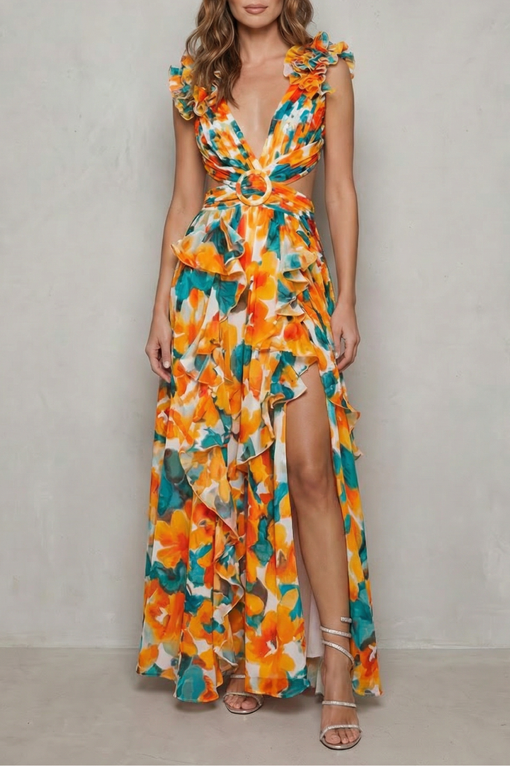 Floral ruffle maxi dress in orange and teal with V-neck, ruffled shoulders, side slit