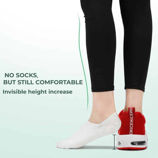 White ankle socks and red women's walking sneakers with lace-up mesh upper