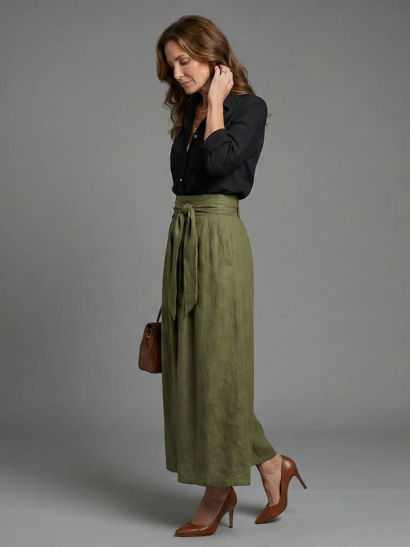 Women’s maxi skirt set angled view: black blouse and olive tie-waist maxi skirt