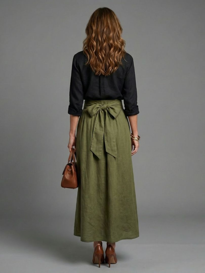 Women’s maxi skirt set from back: black blouse and olive tie-front maxi skirt