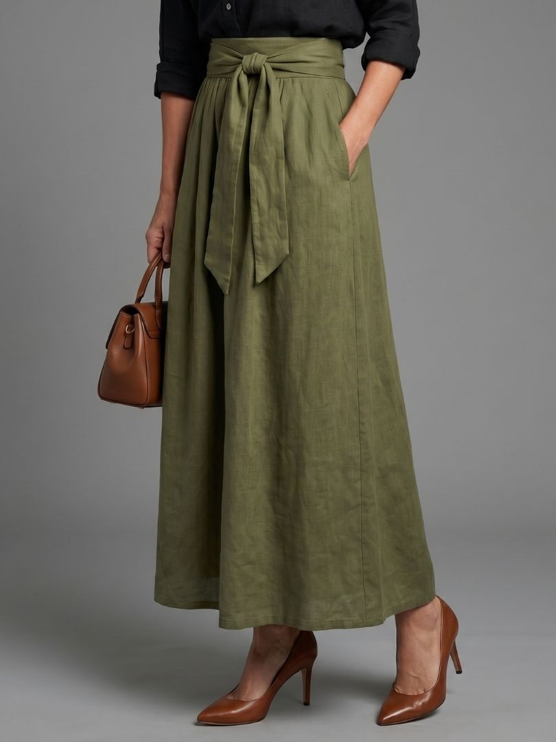 Olive tie-waist maxi skirt with black blouse, midsection view with brown heels