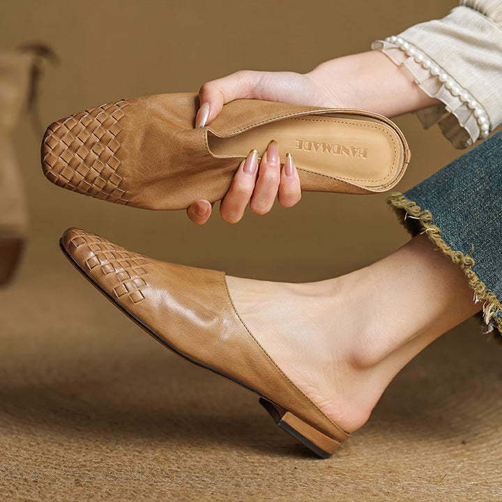 Women’s woven flat mules, tan leather-look upper with woven braid detail