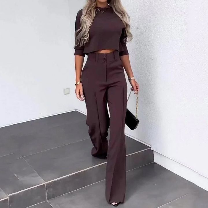 Burgundy layered two-piece set: cropped top and high-rise straight-leg pants