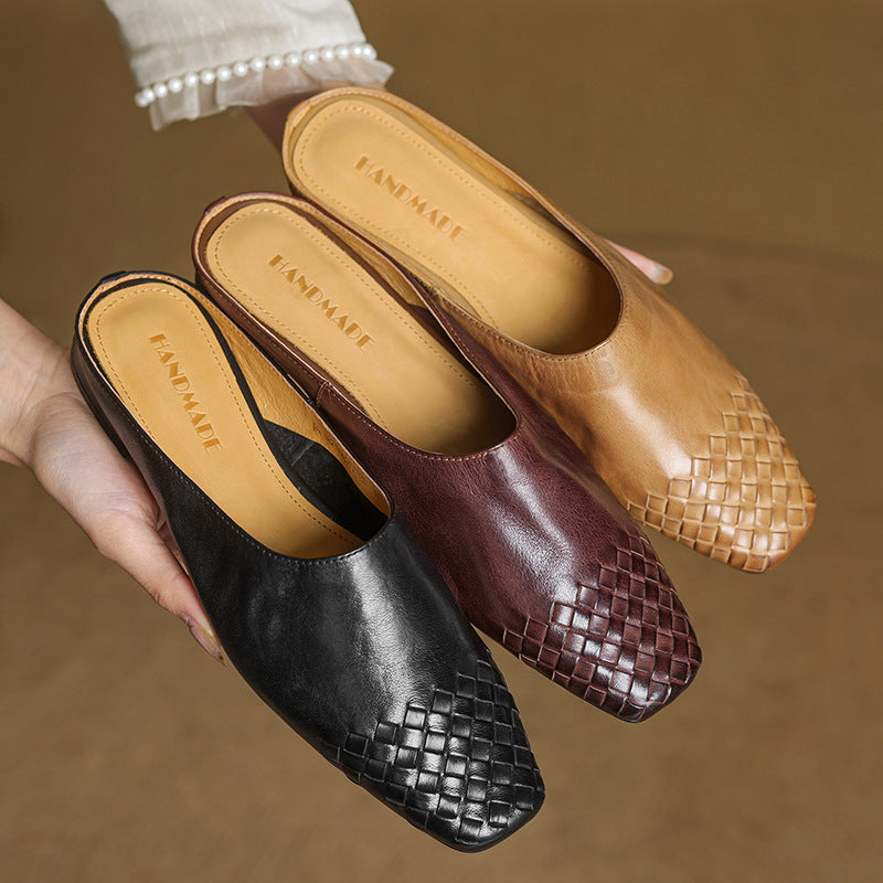 Woven flat mules in black, burgundy and tan with pointed toe