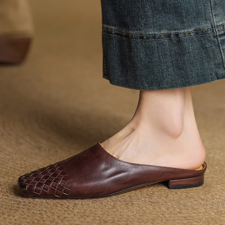 Women’s woven flat mules, dark brown flat mule with woven front and low heel