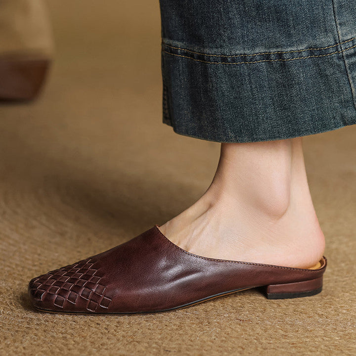 Women’s woven flat mules, dark brown flat mule with woven front and low heel