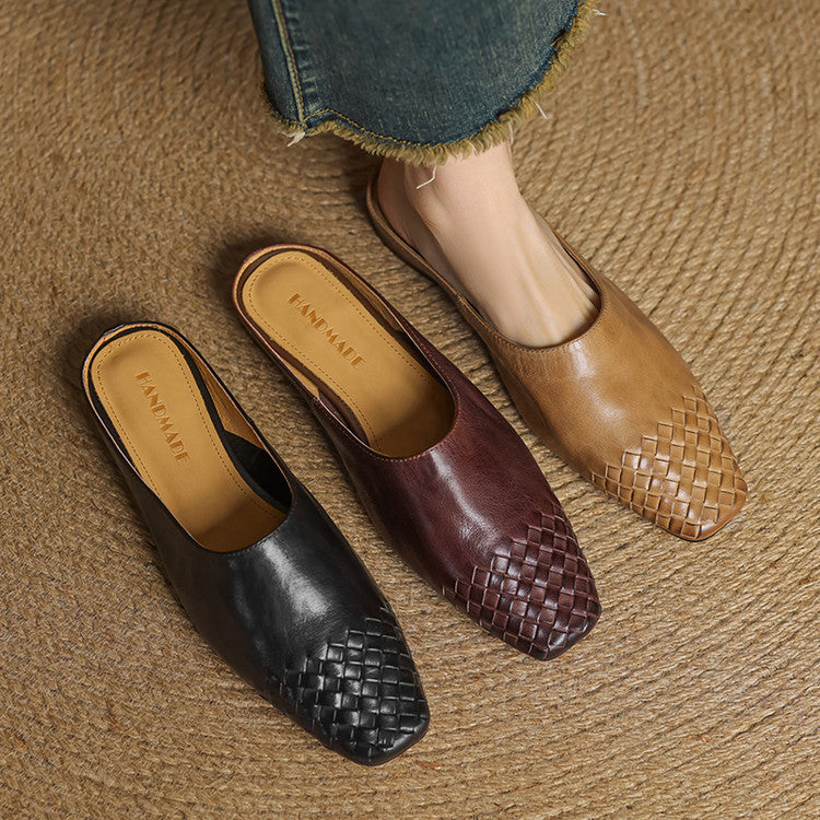 Woven flat mules in black, burgundy and tan with slip-on uppers