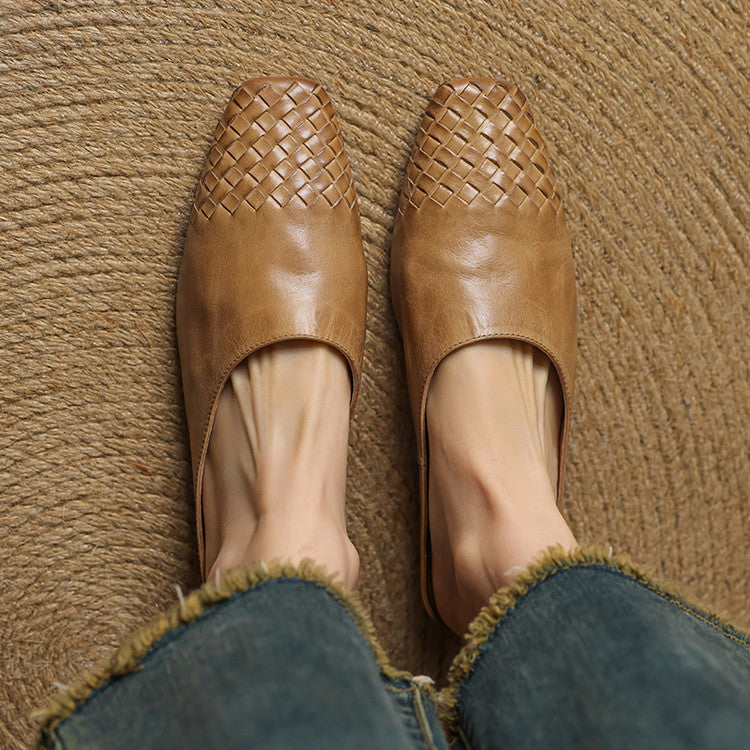 Women’s woven flat mules, tan pair with rounded toe and woven basket-style upper
