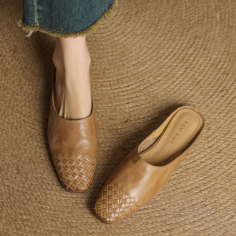 Women’s woven flat mules, tan slip-on flats with woven front and low flat sole