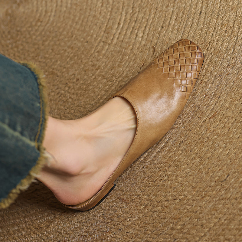 Women’s woven flat mules, tan open-back with braided weave at the vamp