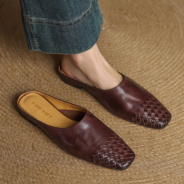 Women’s woven flat mules, dark brown slip-on with woven basket pattern