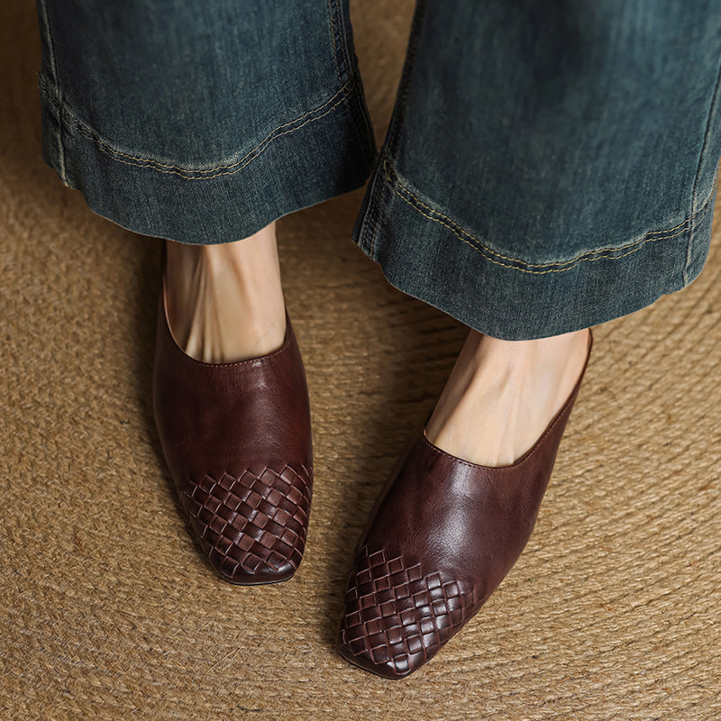 Women’s woven flat mules, dark brown open-back slip-ons with woven toe detail