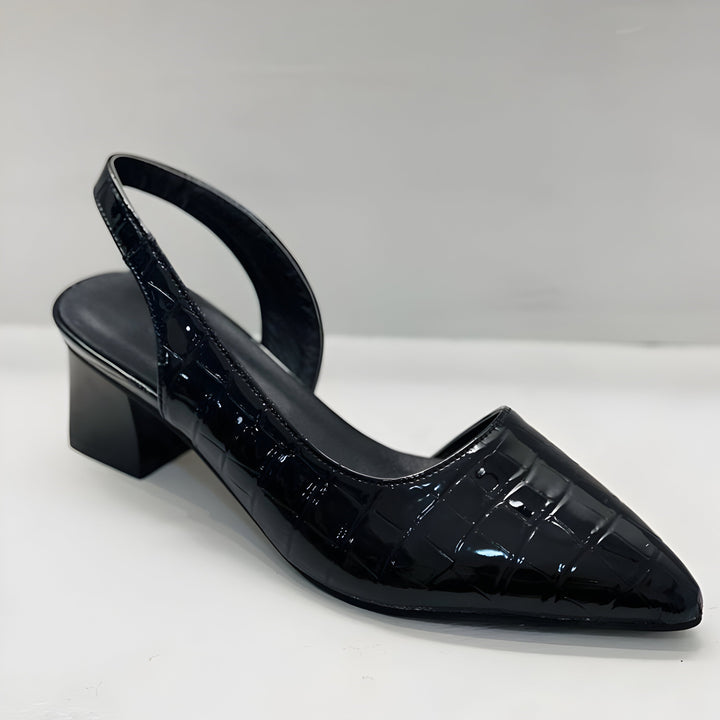 Black patent slingback flats with pointed toe and mid block heel