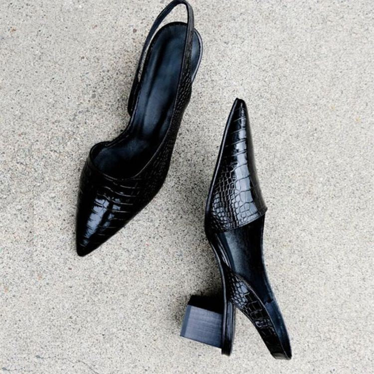 Black pointed-toe slingback flats, glossy finish, low block heel