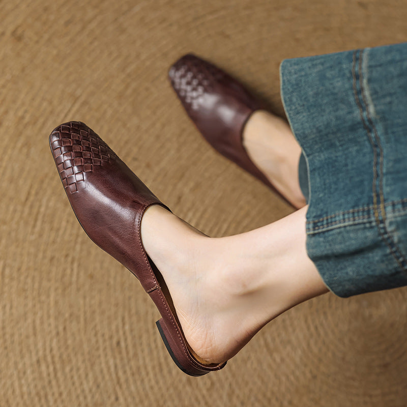 Women’s woven flat mules, deep brown leather-look upper with woven vamp