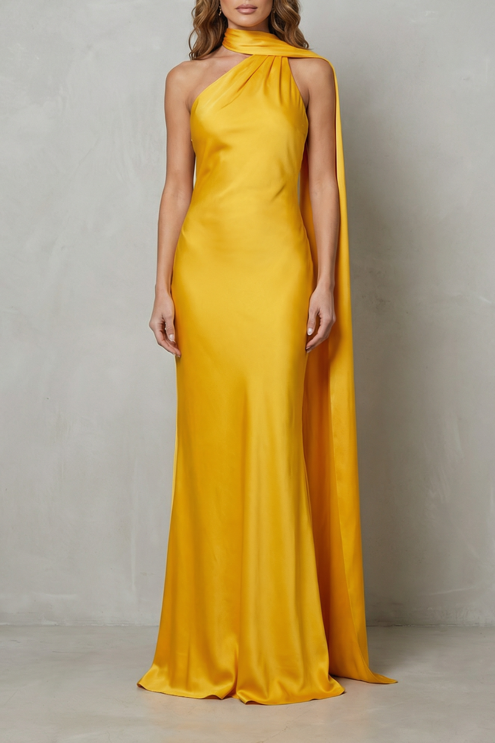 Yellow satin mermaid gown with halter neckline and draped high collar