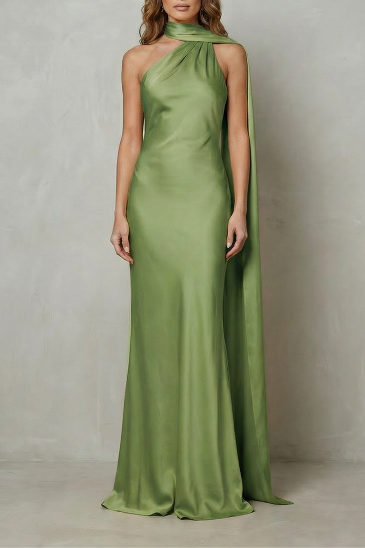 Green satin mermaid gown with halter neckline and draped high neck collar