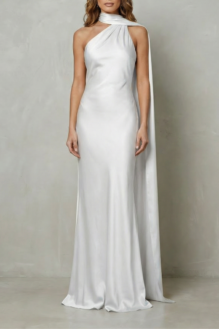 White satin mermaid gown with halter neckline and draped high neck collar