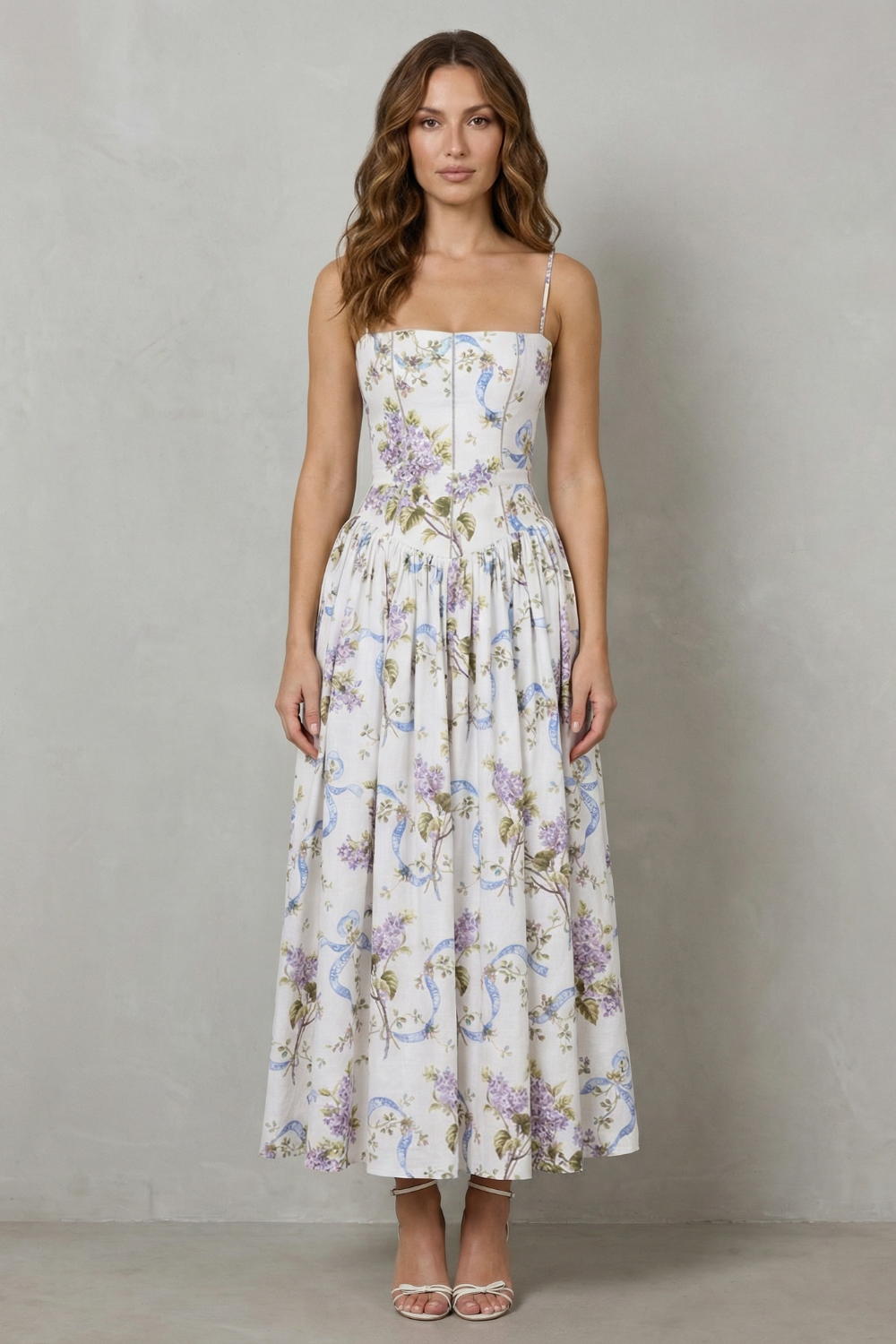Corset midi dress, spaghetti straps, white floral print with gathered tiered skirt