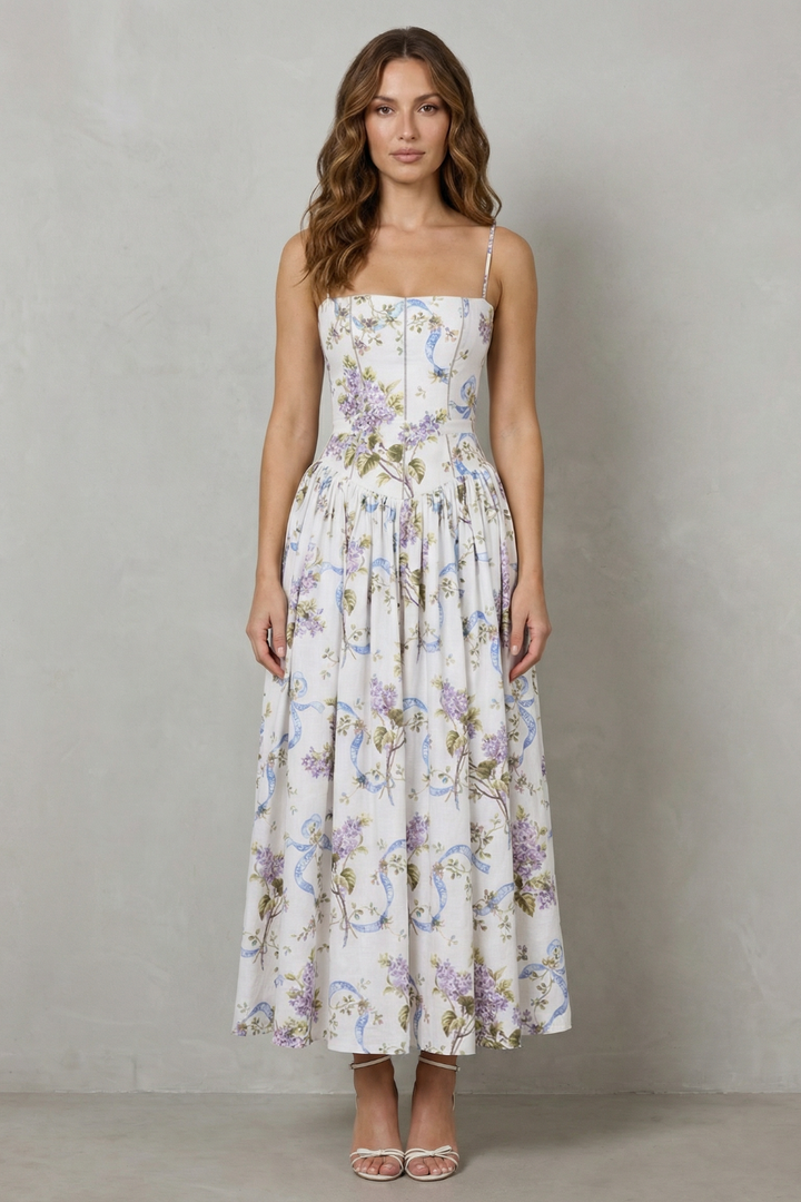 Corset midi dress, spaghetti straps, white floral print with gathered tiered skirt