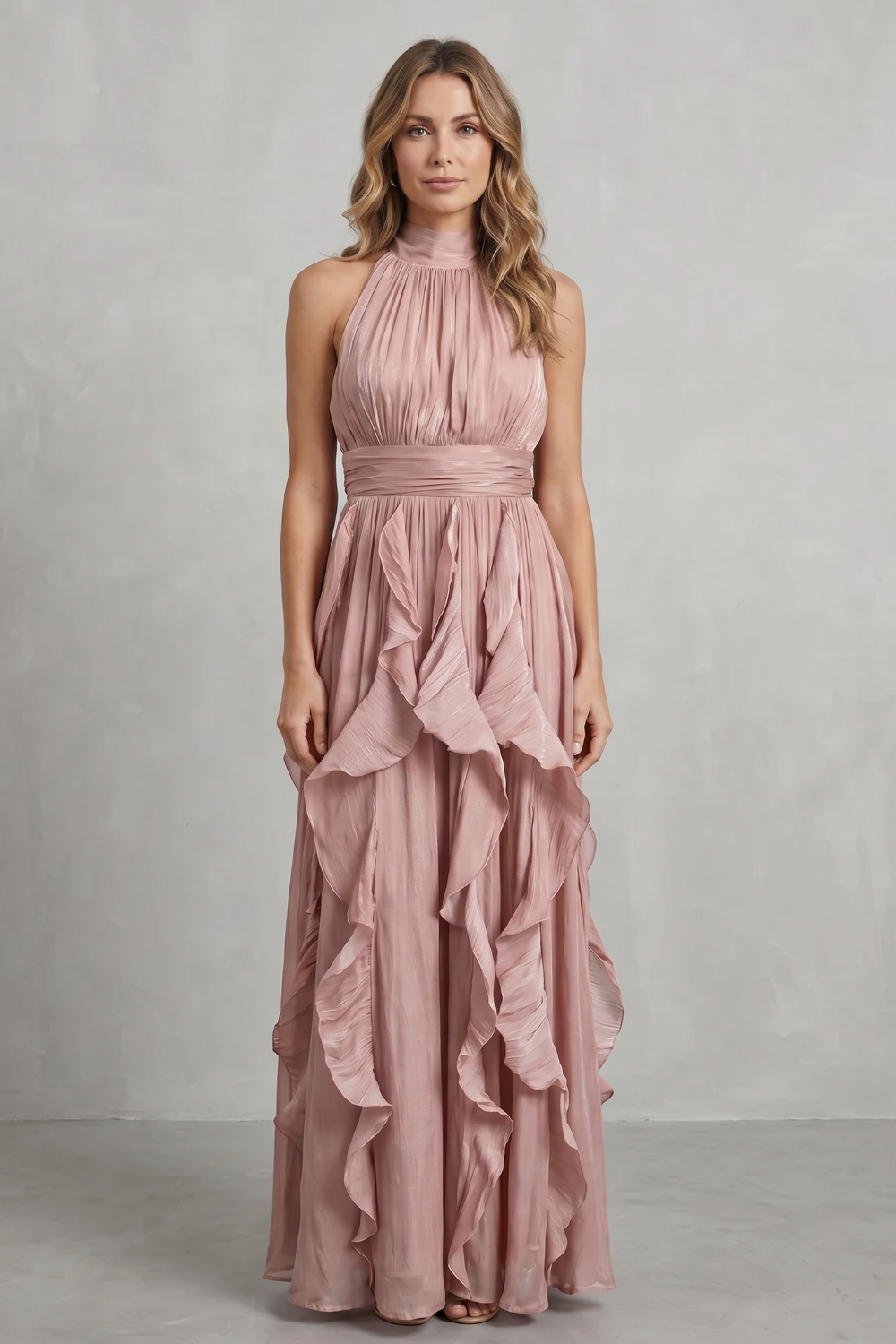 Light pink halter ruffle maxi dress with ruched bodice and cascading skirt tiers