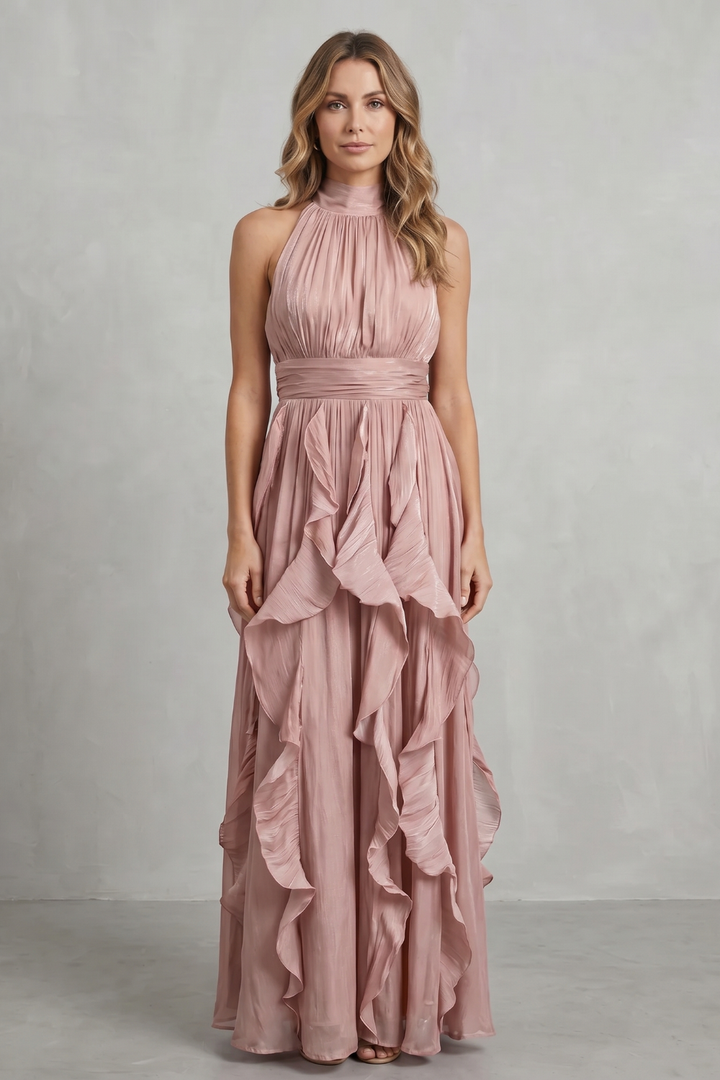 Light pink halter ruffle maxi dress with ruched bodice and cascading skirt tiers