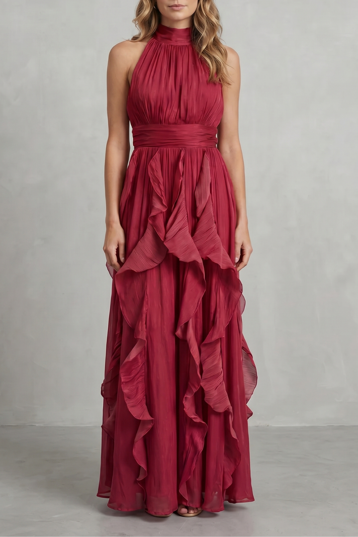 Wine red ruffle maxi dress with high halter neckline and layered skirt tiers