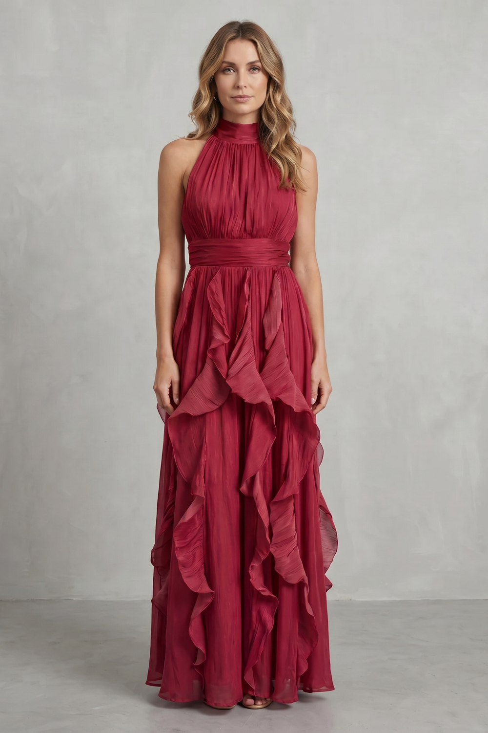 Wine red sleeveless halter ruffle maxi dress with ruched waist and tiered ruffles