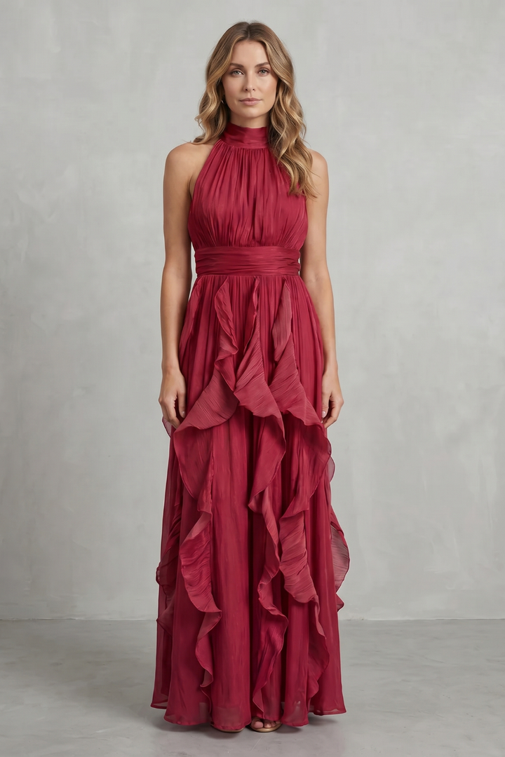Wine red sleeveless halter ruffle maxi dress with ruched waist and tiered ruffles