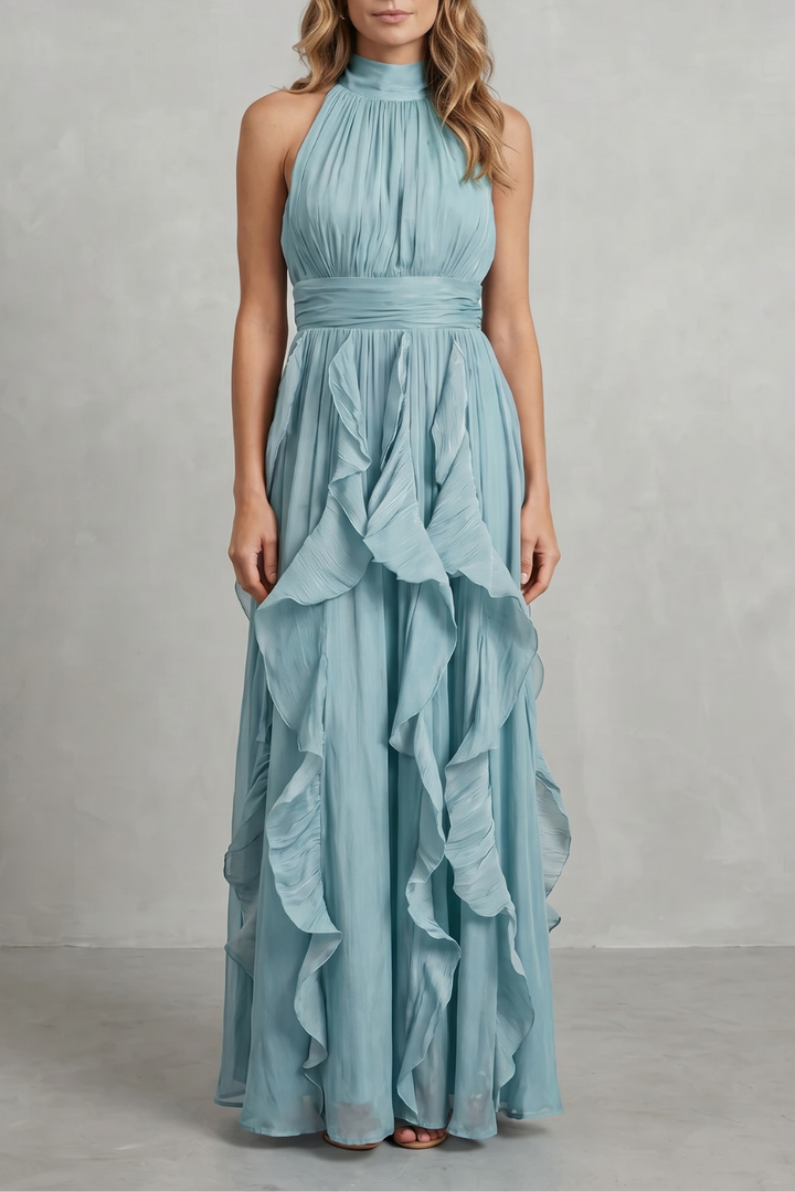 Light blue ruffle maxi dress with halter neckline and cascading layered skirt