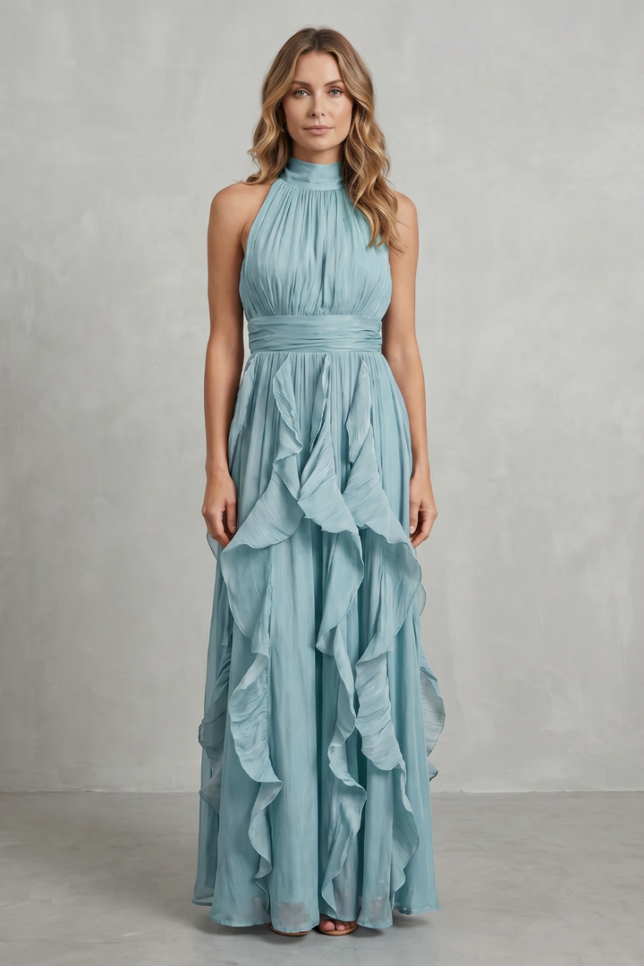 Light blue halter ruffle maxi dress with ruched bodice and draped skirt tiers