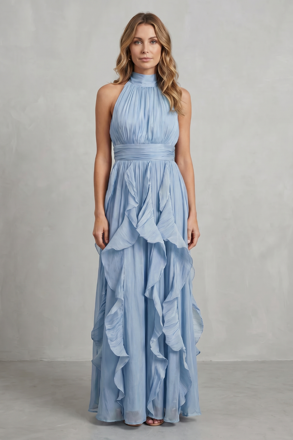 Light blue halter ruffle maxi dress with ruched waist and tiered skirt layers