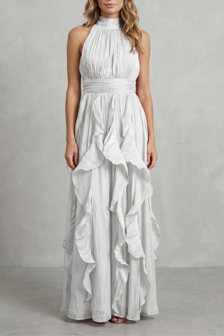 White ruffle maxi dress, sleeveless halter with high neck and tiered skirt