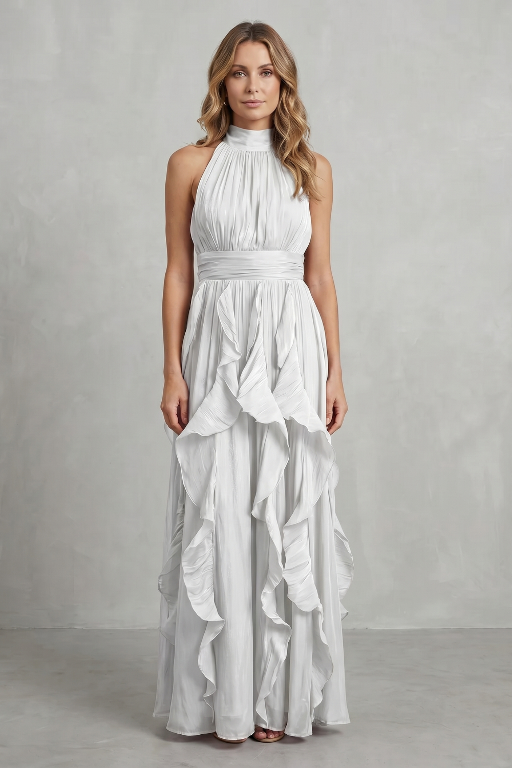 White ruffle halter maxi dress with smocked bodice and layered ruffle skirt
