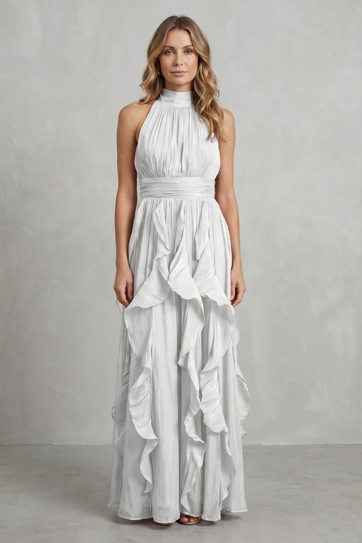White ruffle halter maxi dress with smocked bodice and layered ruffle skirt