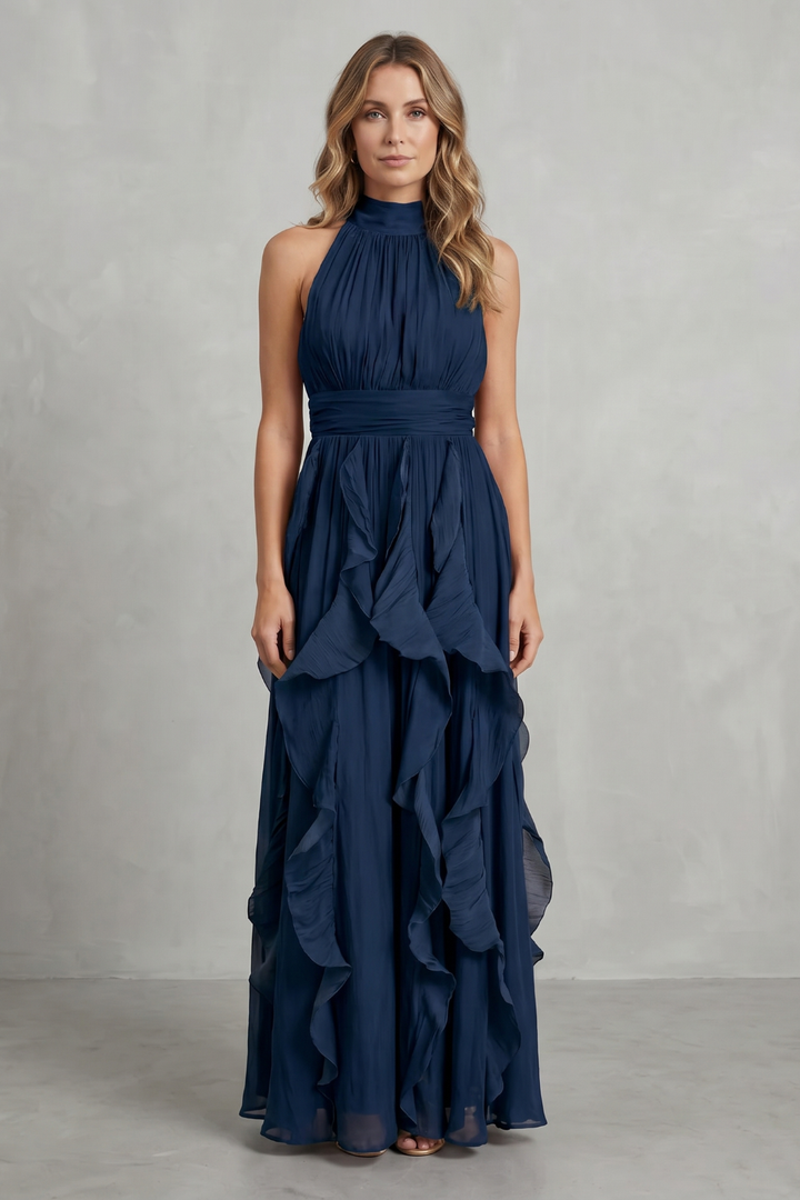 Navy ruffle maxi dress with high halter neck and draped layered skirt