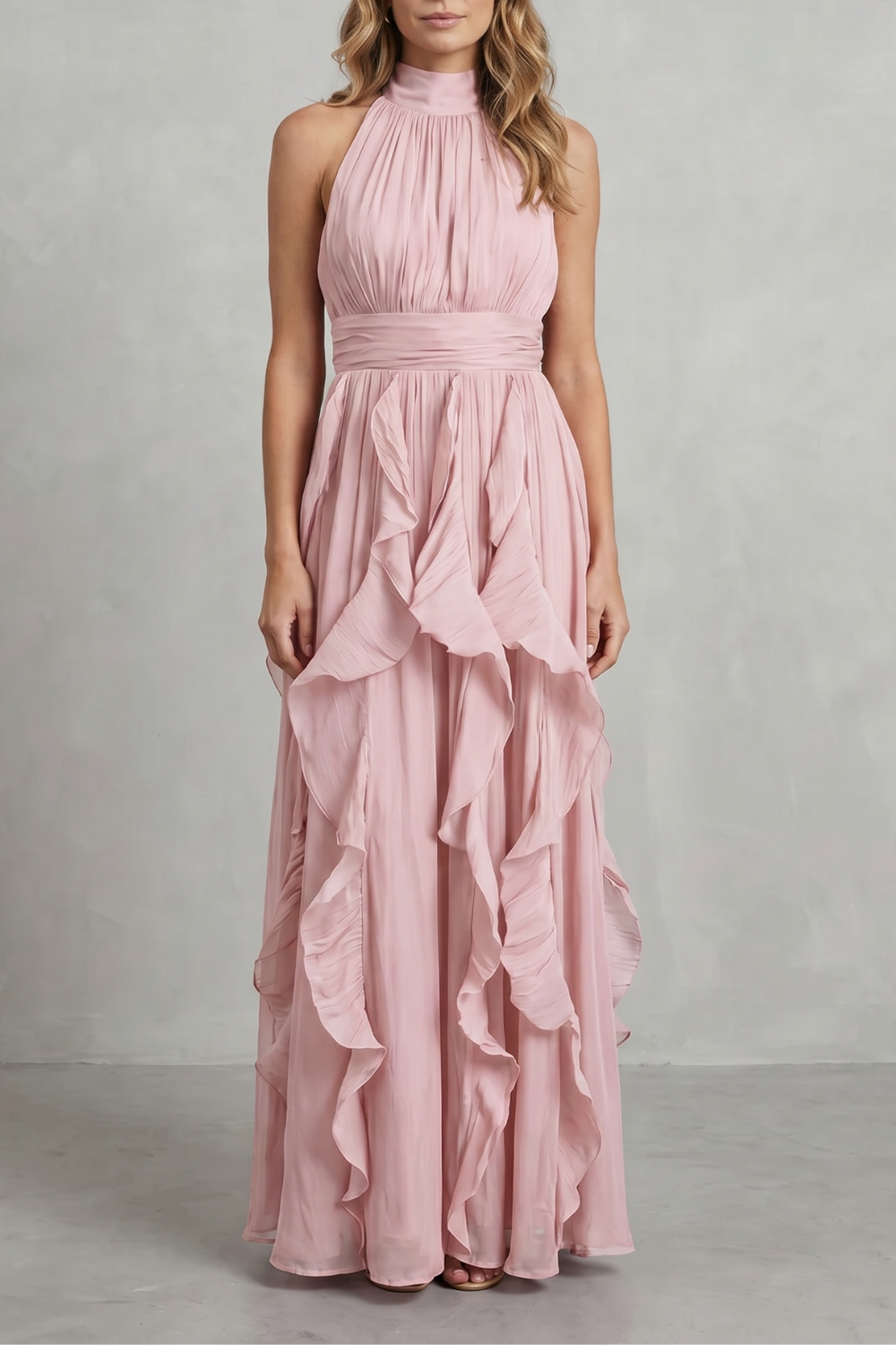 Light pink ruffle maxi dress with sleeveless halter neck and smocked waist
