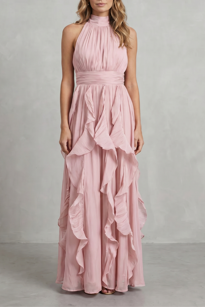 Light pink ruffle maxi dress with sleeveless halter neck and smocked waist