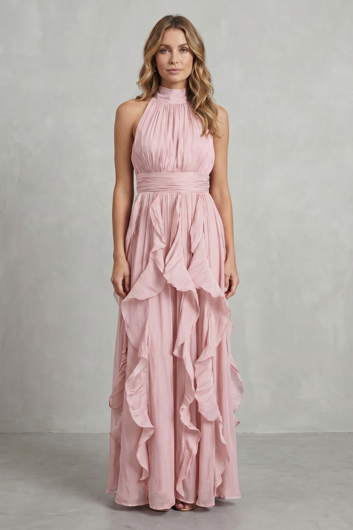 Light pink ruffle maxi dress with high halter neck and cascading tiered ruffles