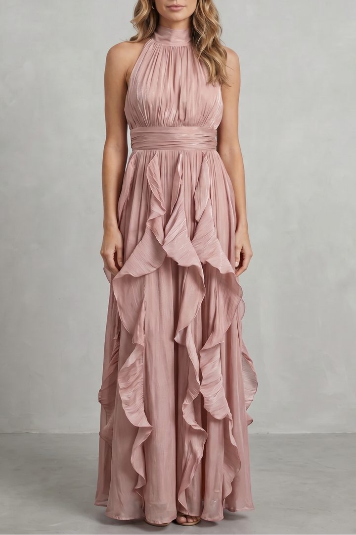 Light pink ruffle maxi dress with halter neckline and layered skirt tiers