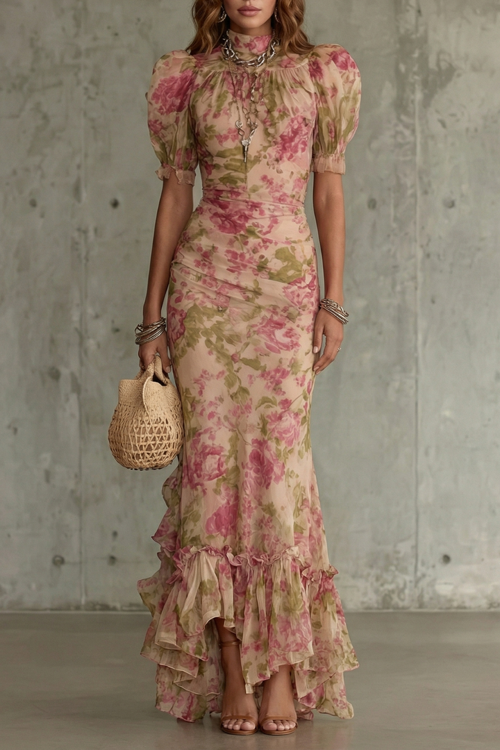 Pink floral puff-sleeve maxi dress with gathered high neck and tiered ruffle hem