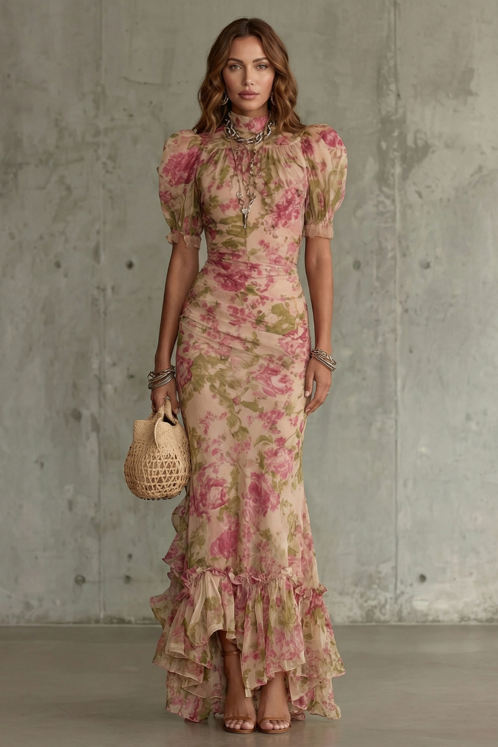 Pink floral maxi dress with puff sleeves, ruched bodice, and tiered ruffle skirt