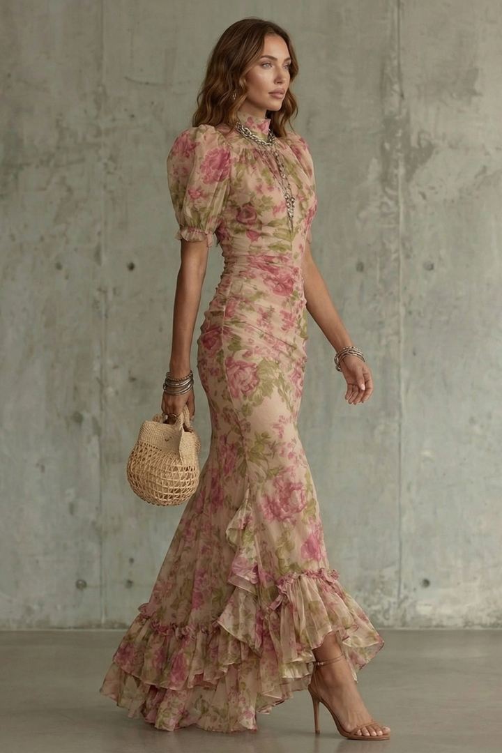 Pink floral puff-sleeve maxi dress with tiered skirt and fitted waist