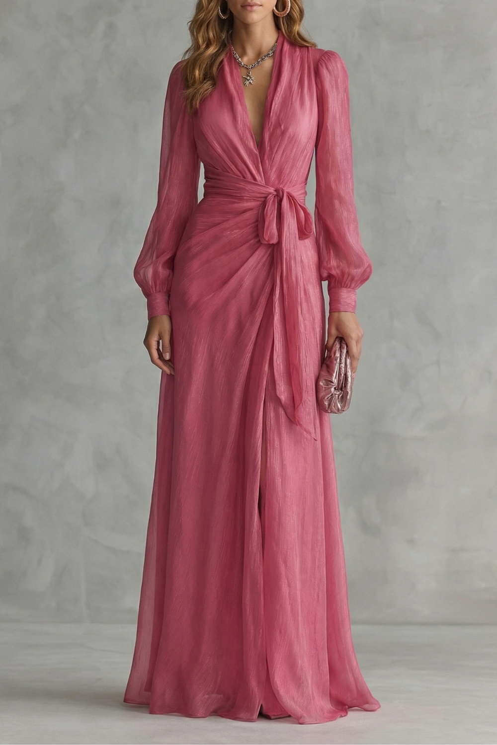 Pink chiffon wrap maxi dress with V-neck, gathered waist tie, and long puff sleeves