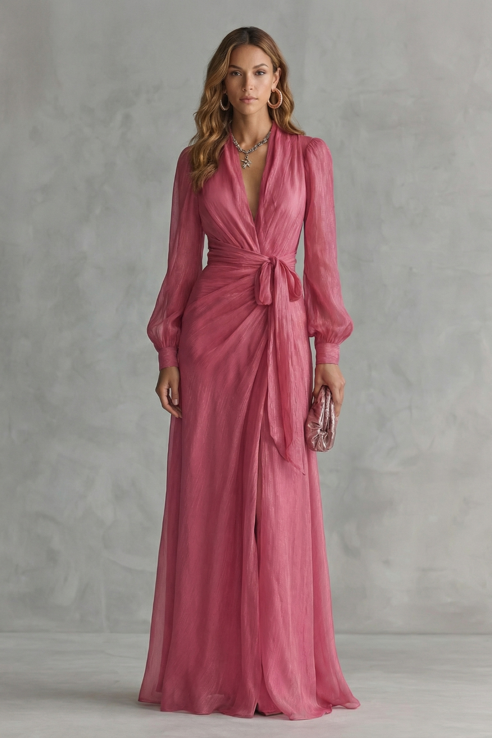 Pink chiffon maxi dress with V-neck wrap front and gathered tie waist, long puff sleeves