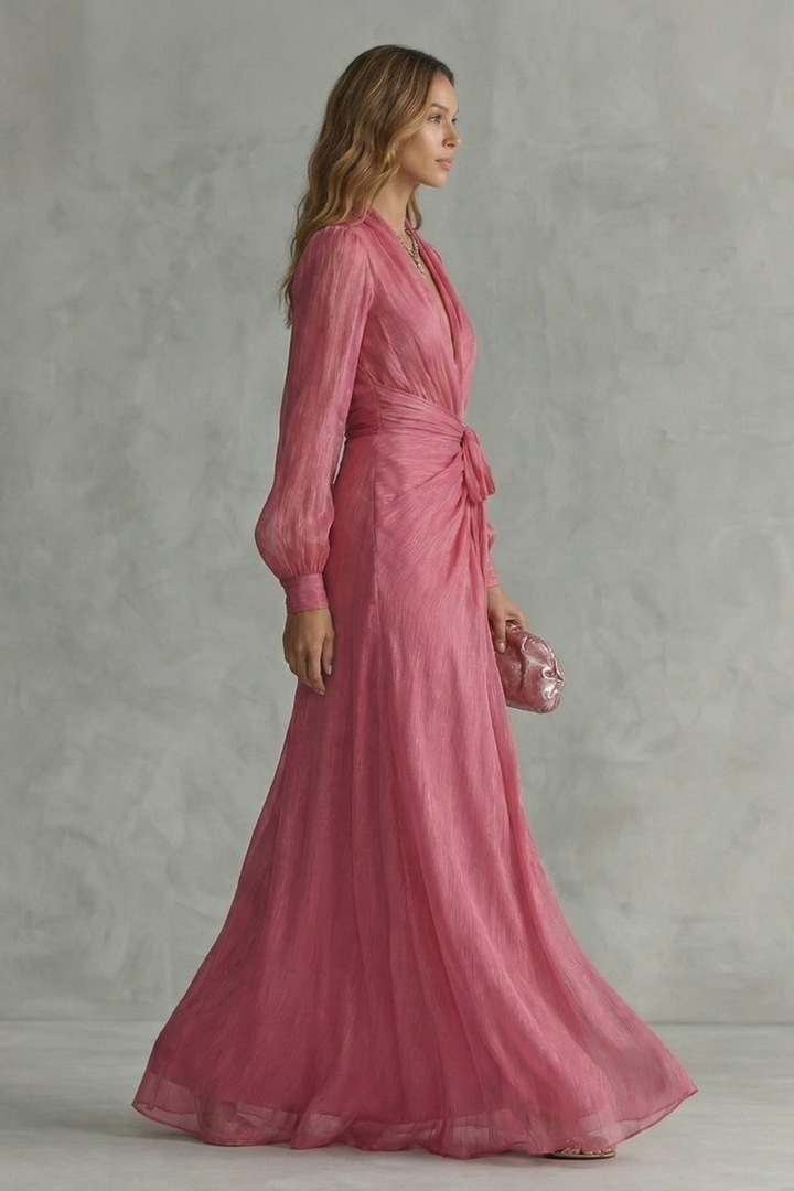 Pink chiffon maxi dress, V-neck wrap front with tied waist and long balloon sleeves